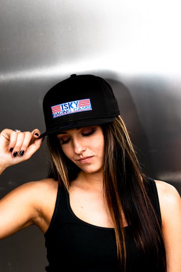 Black Embroidered Isky Logo Flatbill Hat - Click Image to Close